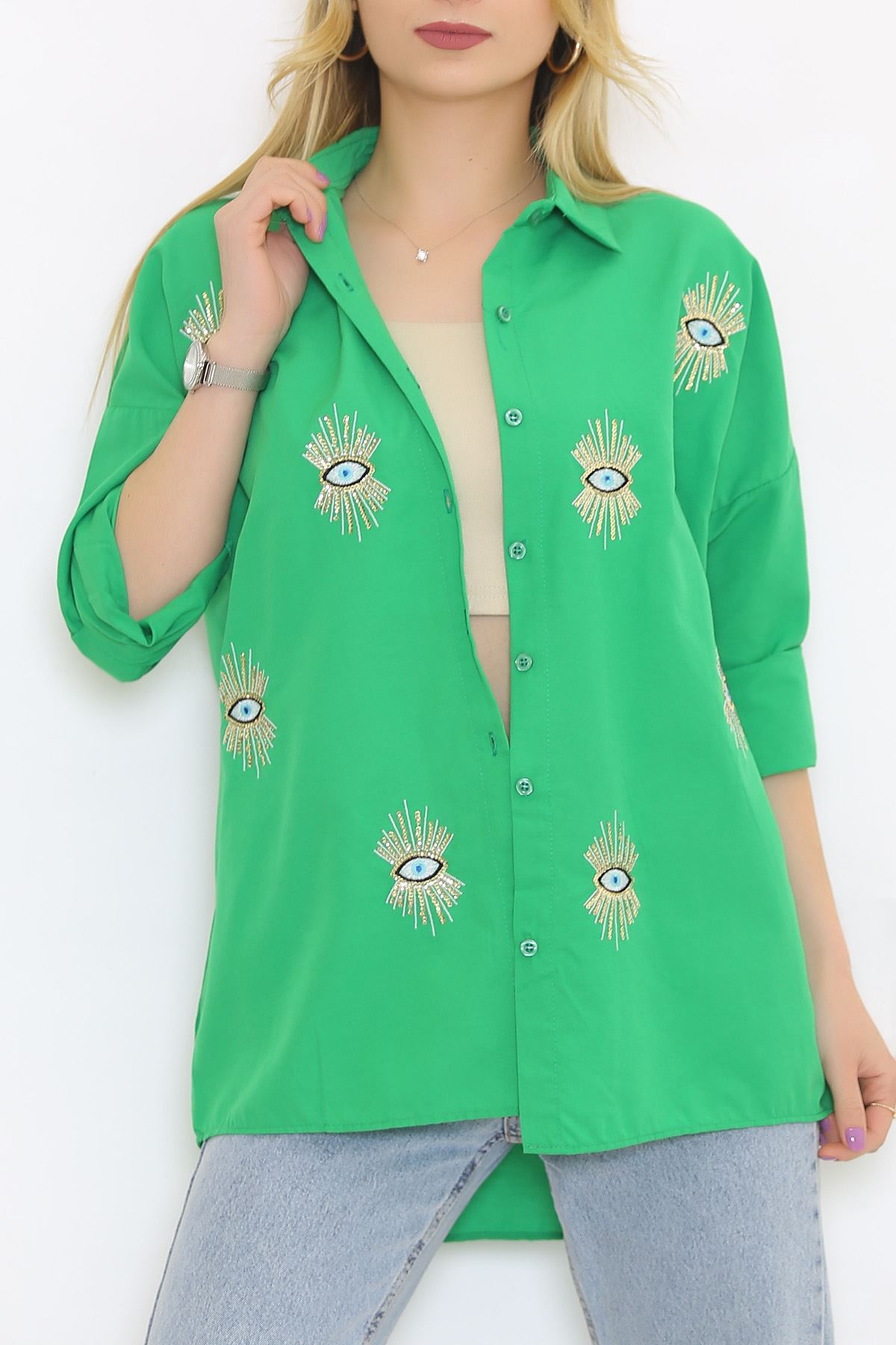 Yeşil Nakışlı Pullu Gömlek 