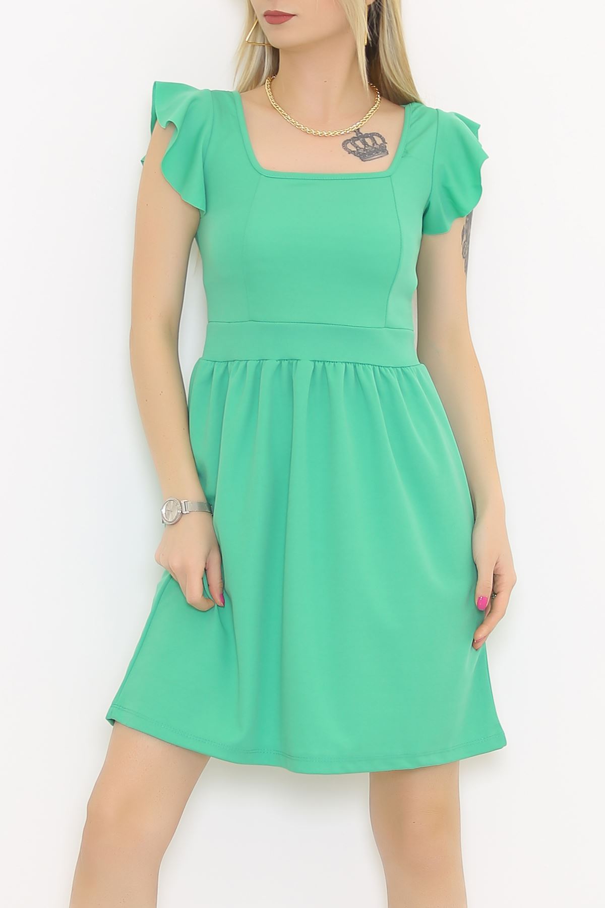 Elbise Fırfırlı Yeşil Kol 