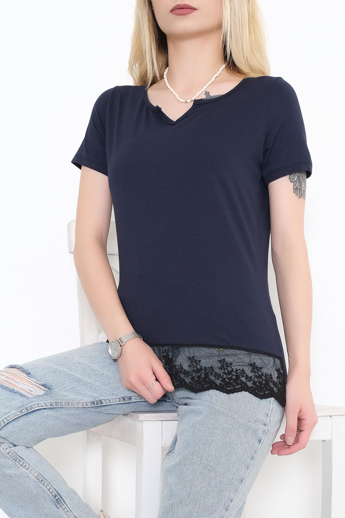 Altı Dantelli Bluz Lacivert - 9820.139.
