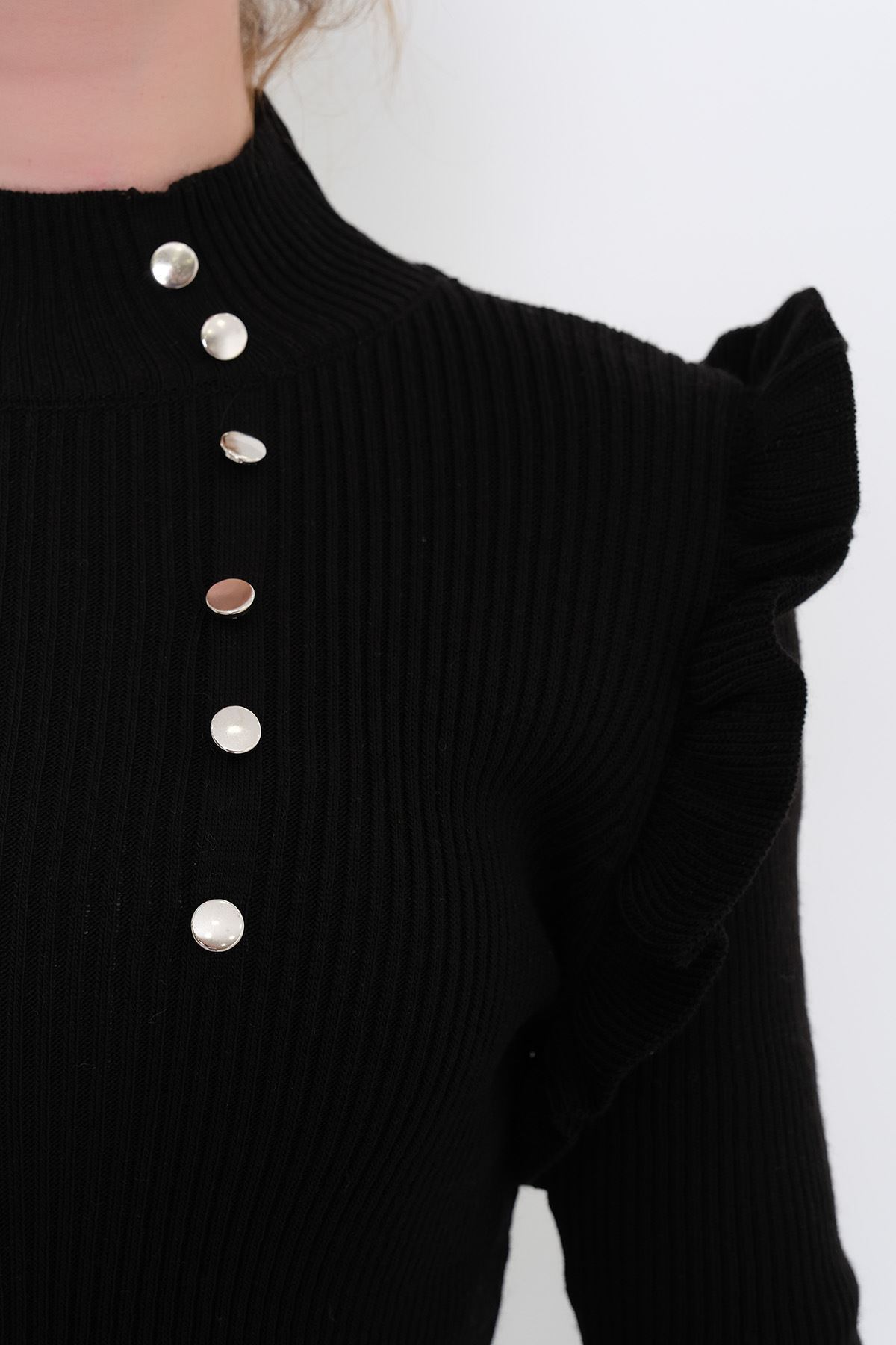 Yaka Kol Düğme Detaylı Elbise Siyah - 10000.1612.