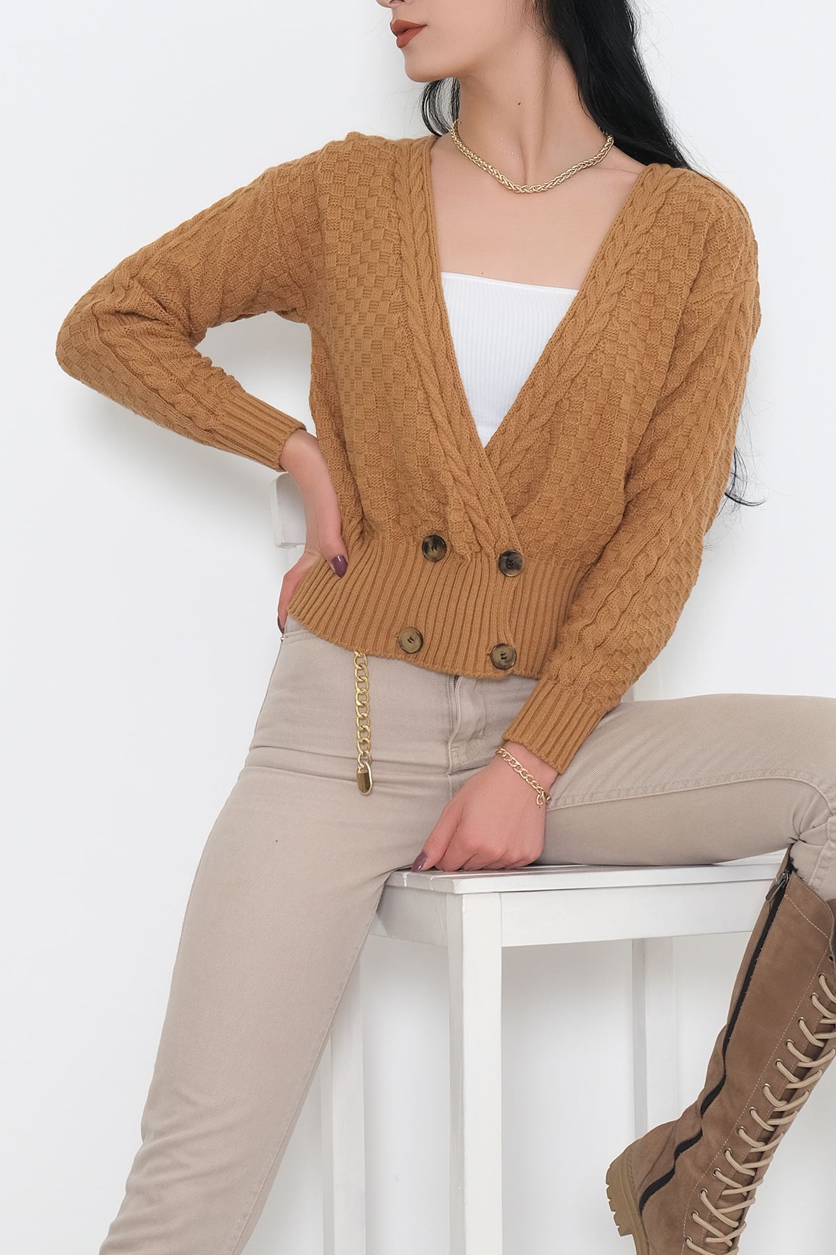 Düğme Detaylı Crop Hırka Siyah - 9956.1612.