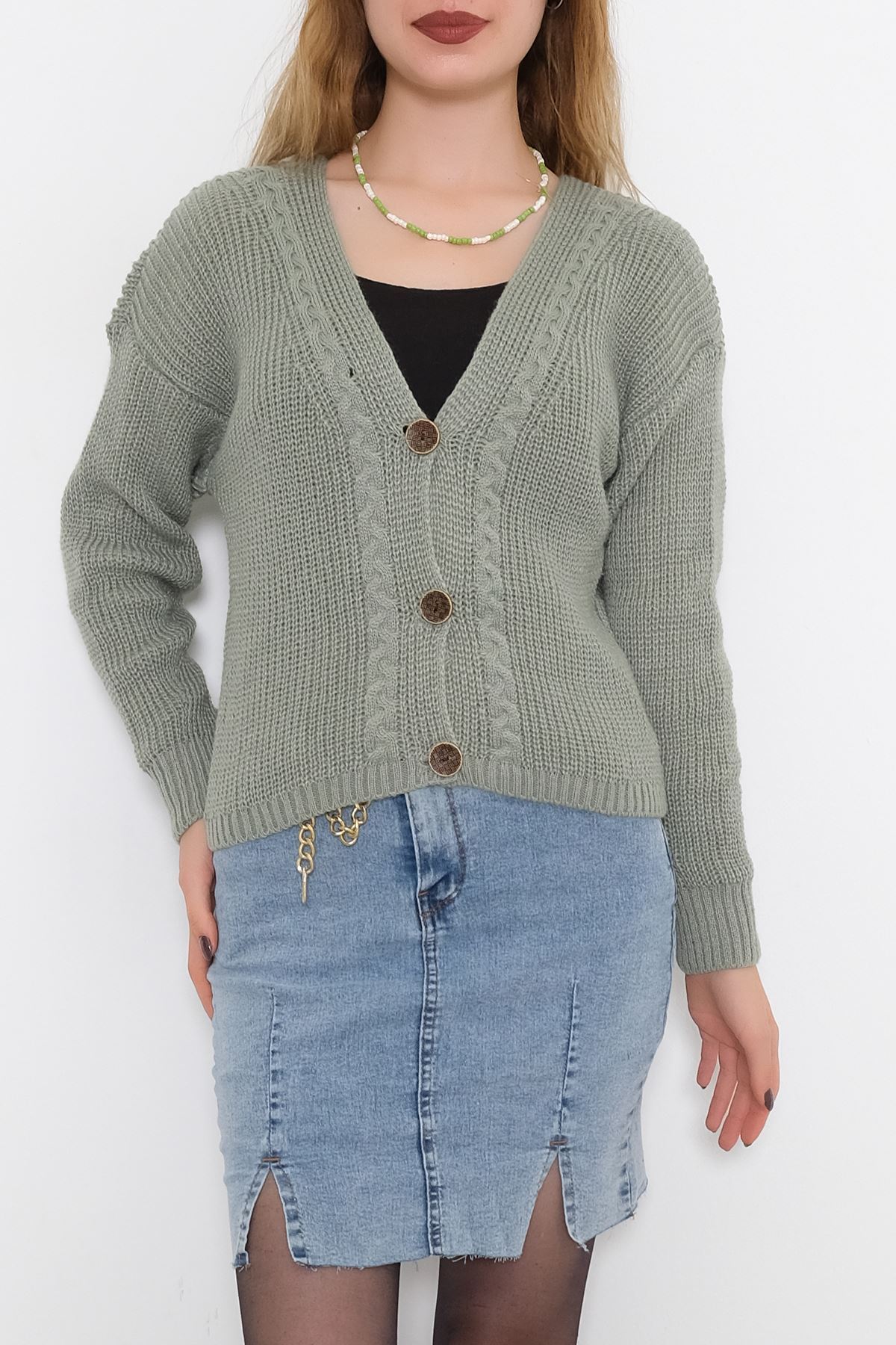 Düğmeli Crop Hırka Taş - 335.1577.