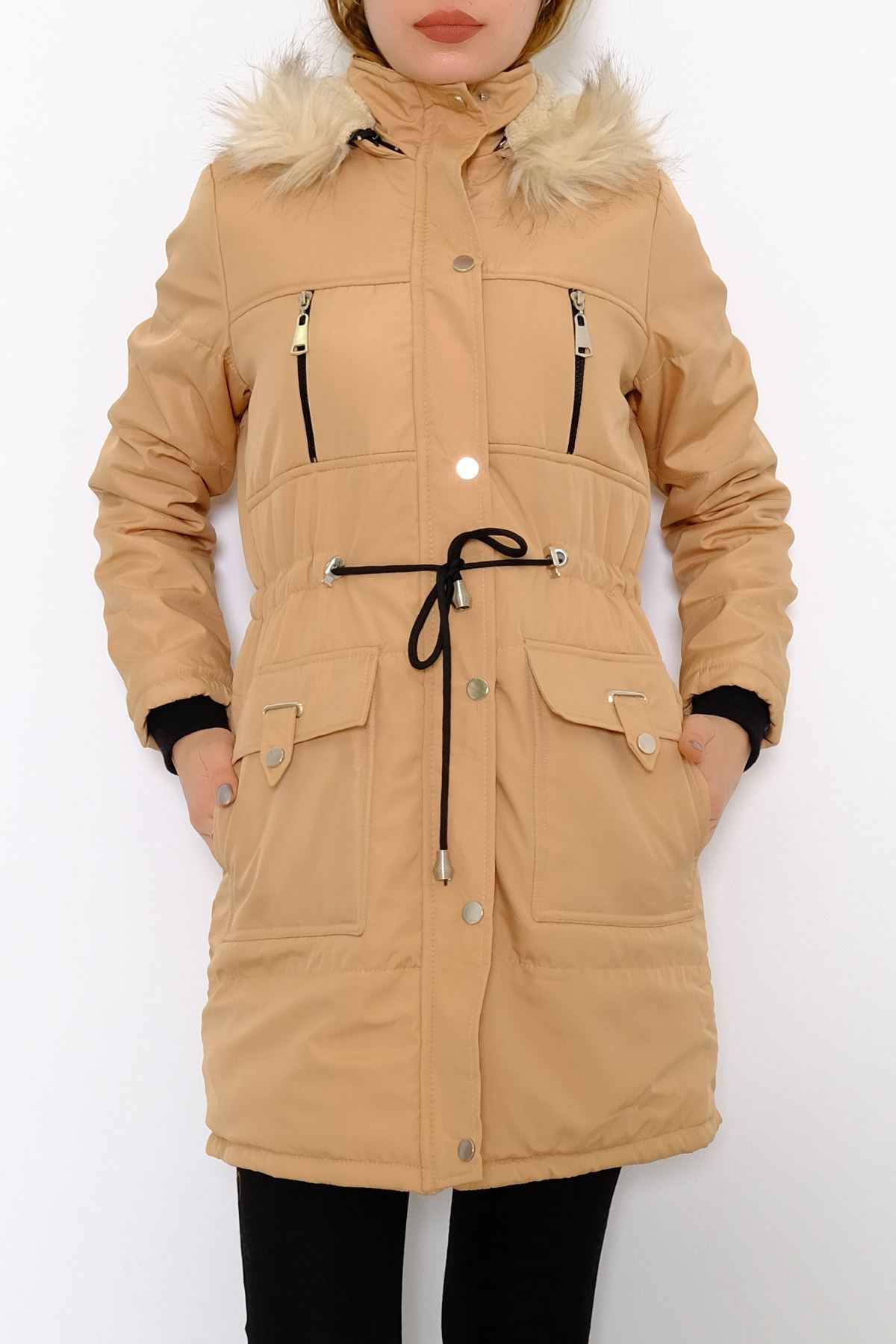 Kapşonu Kürklü Mont Camel - 6201.1555.