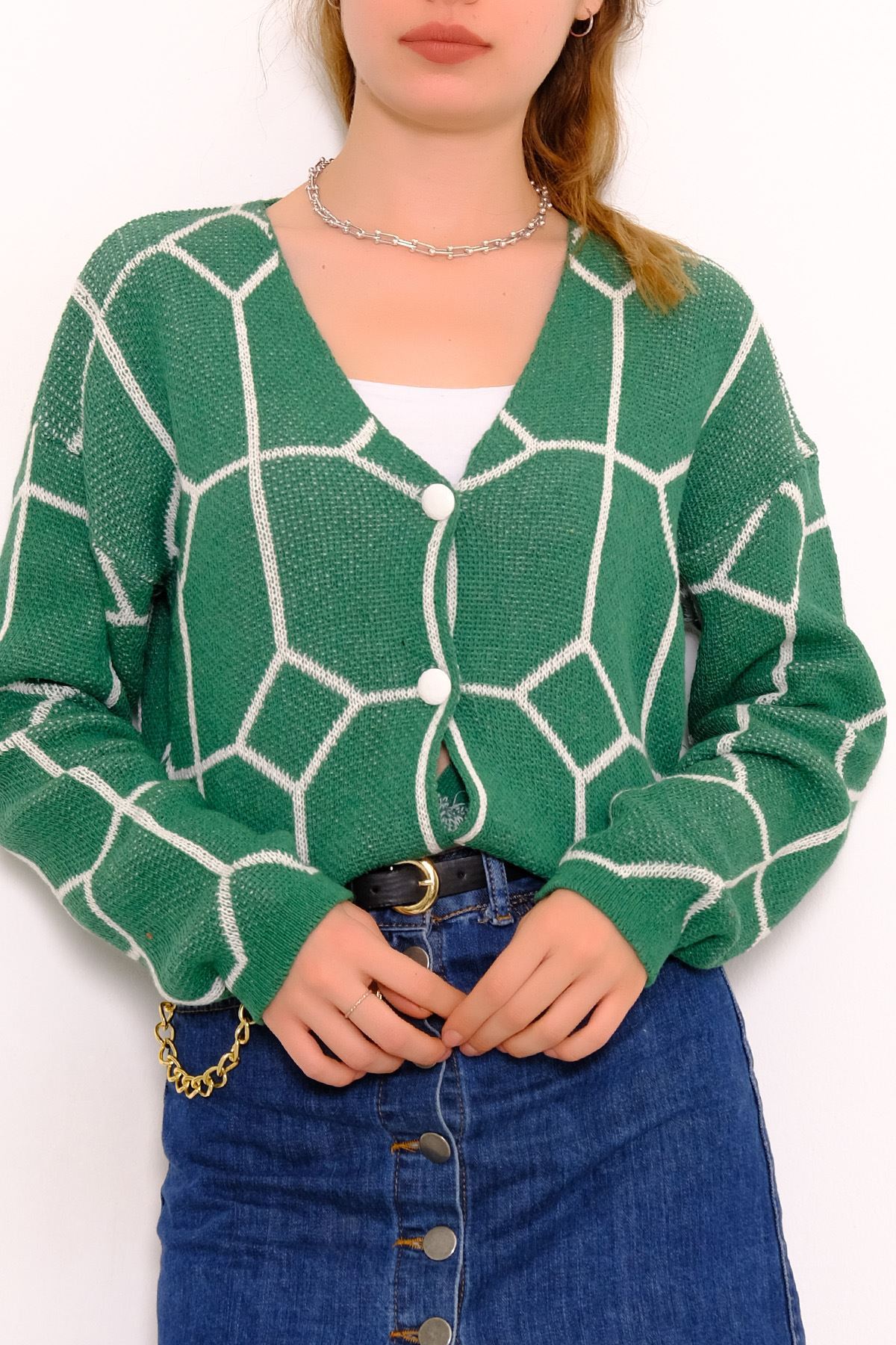 Düğmeli Altıgen Crop Hırka Saks - 1043.1319.