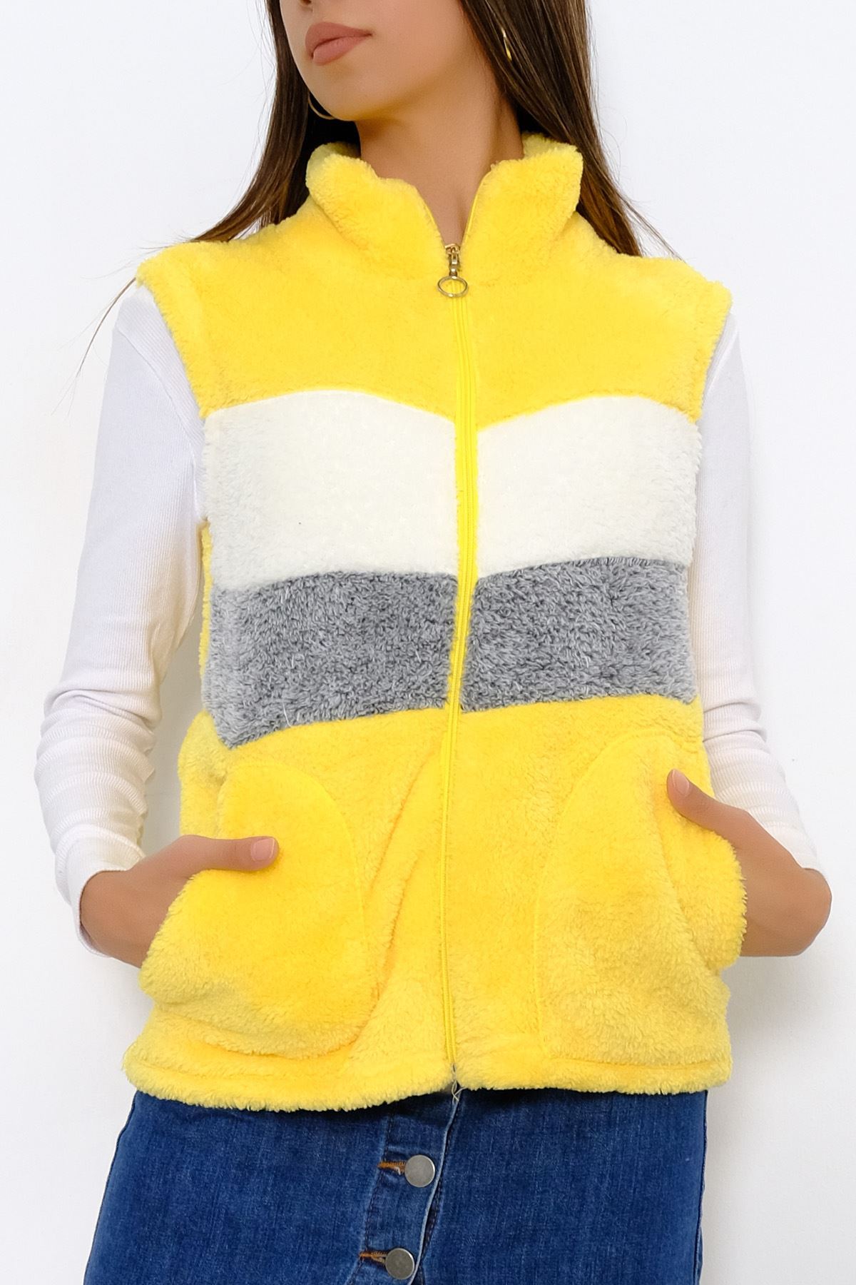 Parçalı Peluş Mont Ekrupembe - 10247.107.