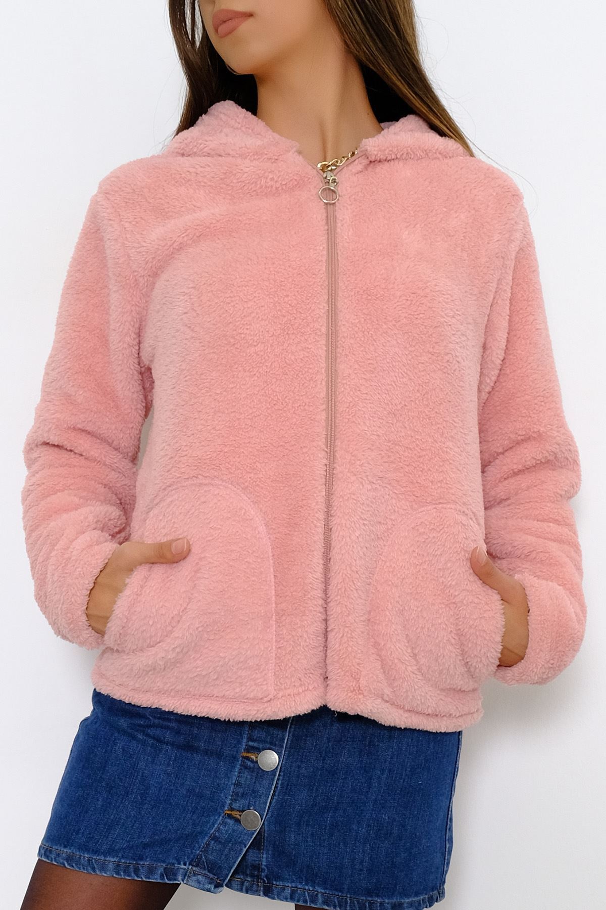 Kapşonlu Peluş Mont Beyaz - 10248.107.