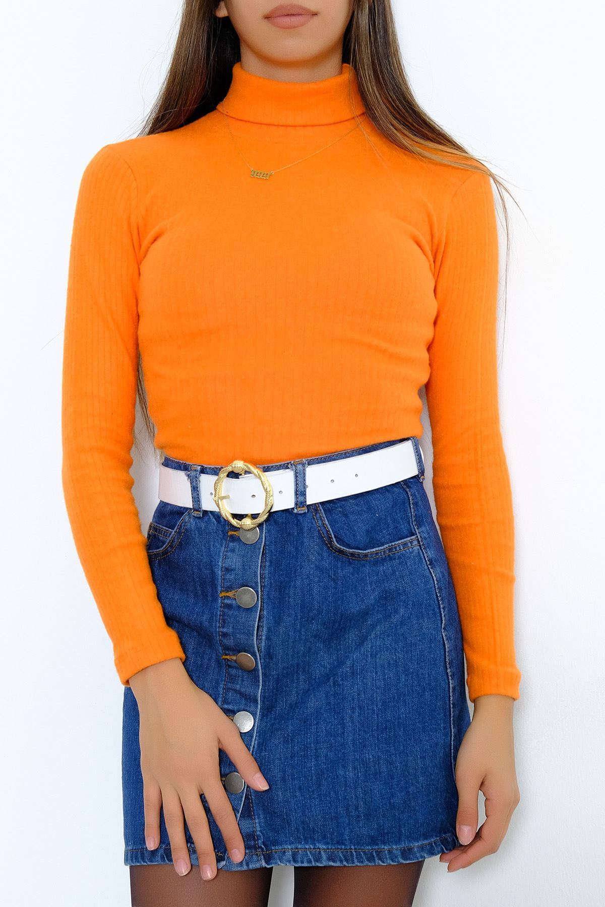 Balıkçı Yaka Crop Bluz Turuncu - 365.1247.