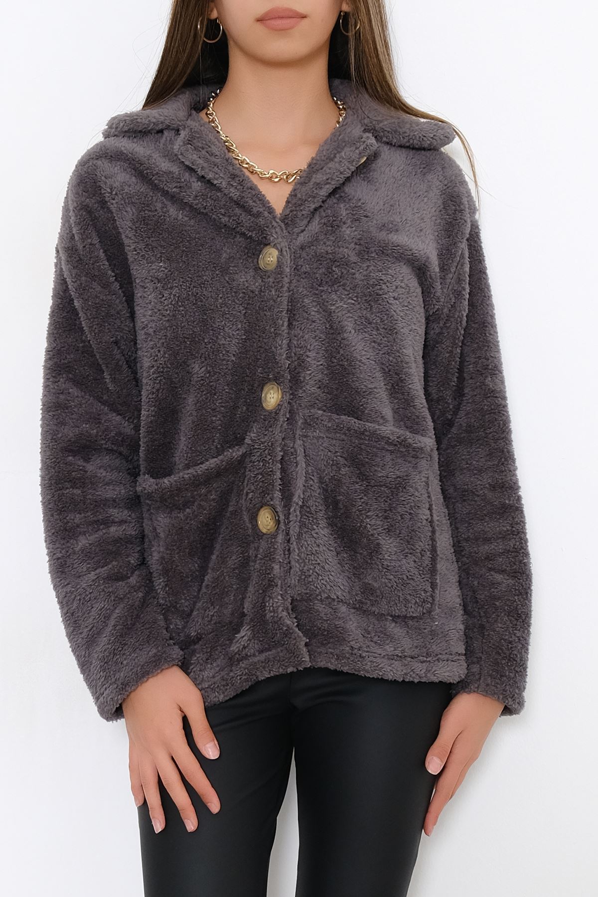 Düğmeli Peluş Mont Camel - 4461.1153.