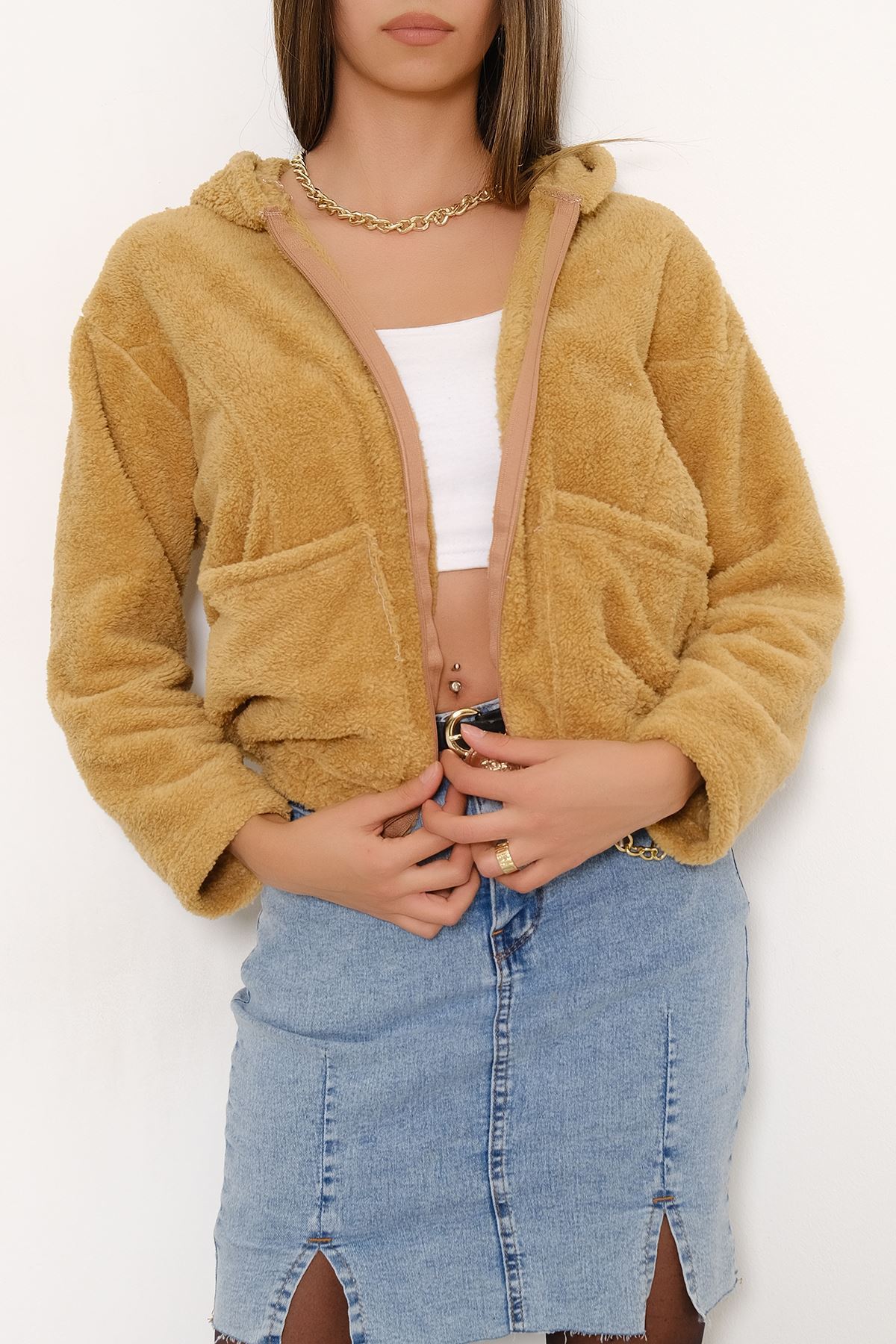 Fermuarlı Peluş Mont Beyaz - 4462.1153.