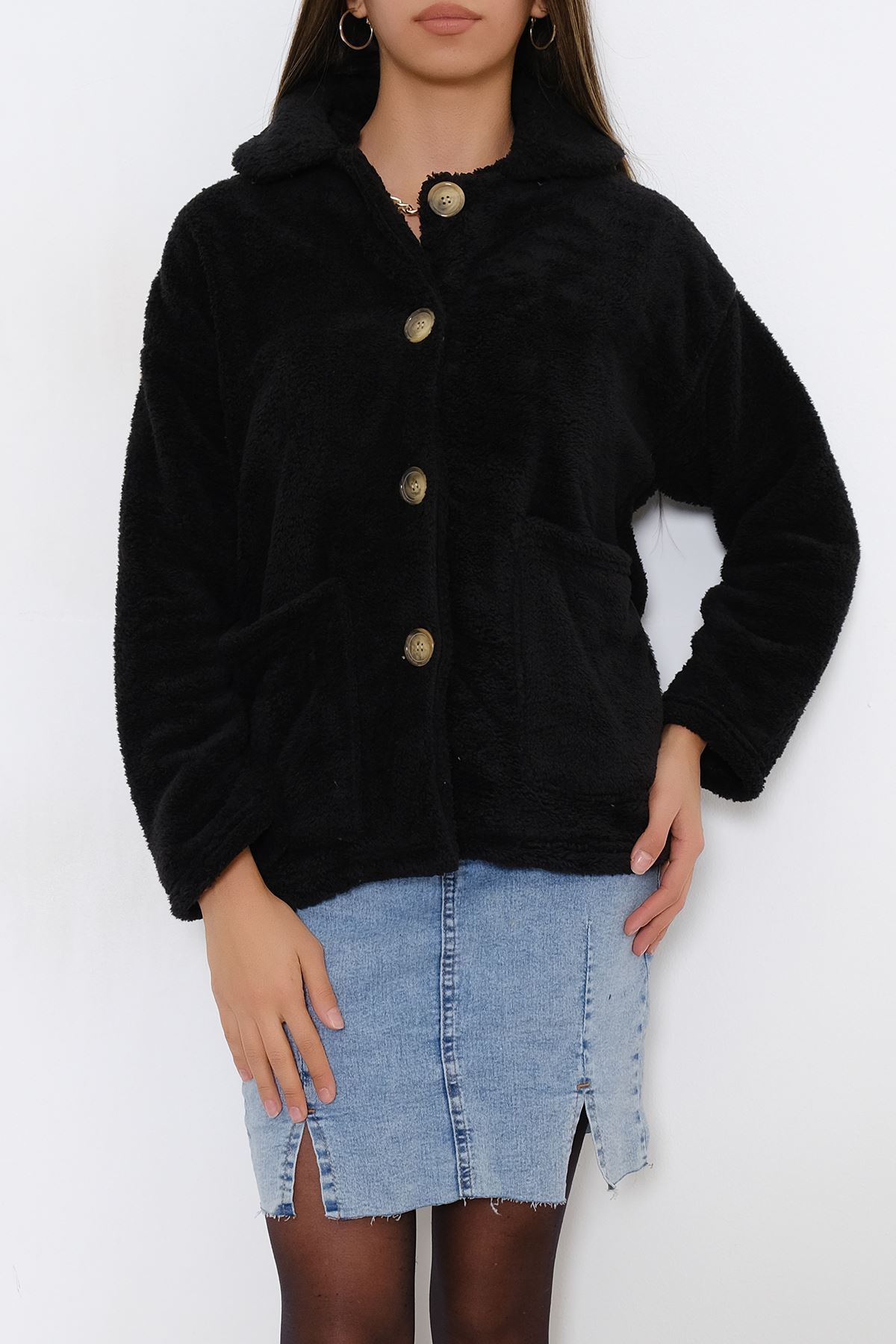 Düğmeli Peluş Mont Gülkurusu - 4461.1153.