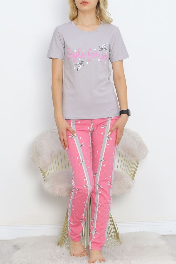 Desenli Pijama Takımı Gri - 18964.1567.