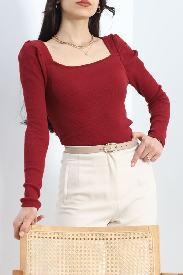 Kolu Büzgülü Kare Yaka Body Bordo - 19499.599.