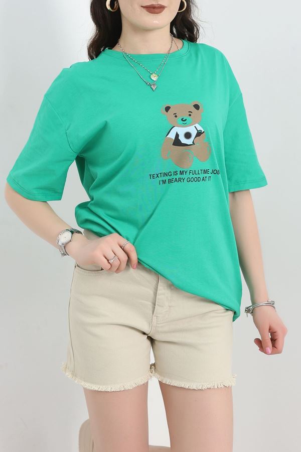 Baskılı Oversize Tişört Yeşil - 22618.1878.