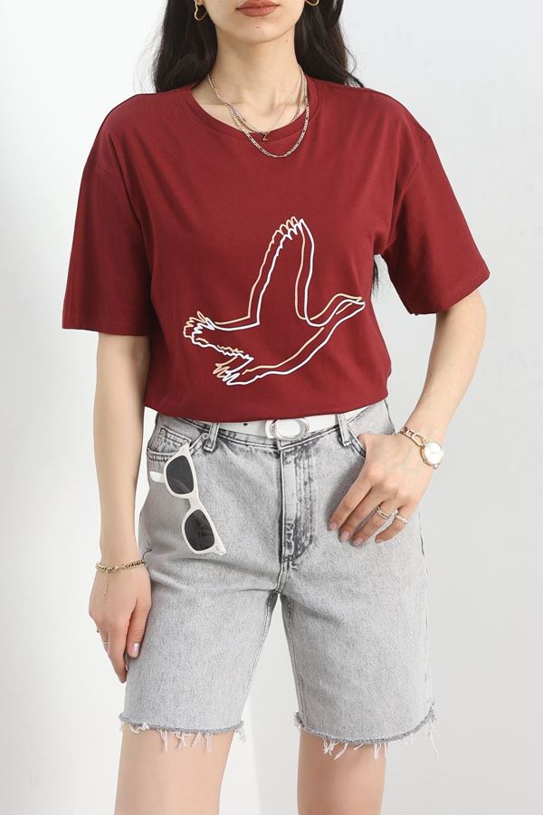 Baskılı Oversize Tişört Bordo - 22609.1878.