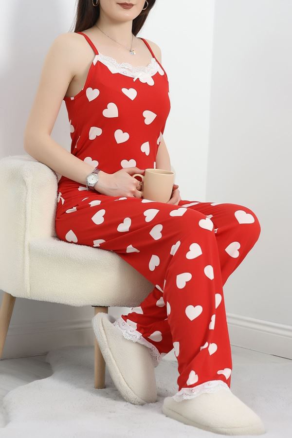 Baskılı İp Askılı Pijama Takımı Kırmızıkalp - 320.1287.