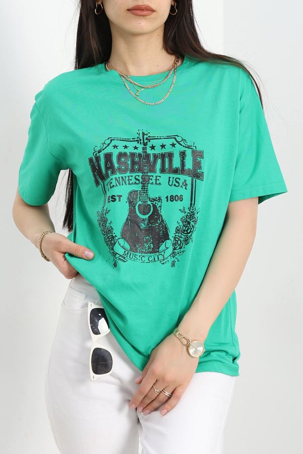 Baskılı Oversize Tişört Yeşil - 22619.1878.