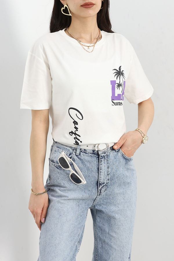 Baskılı Oversize Tişört Ekru - 22602.1878.