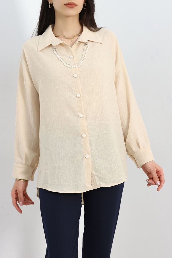 Kolyeli Oversize Tunik Gömlek Bej - 1207.1289.