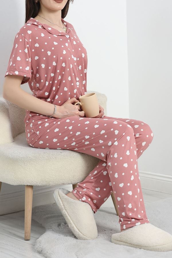 Milan Kumaş Düğmeli Pijama Takımı Pudrakalp - 50145.1857.
