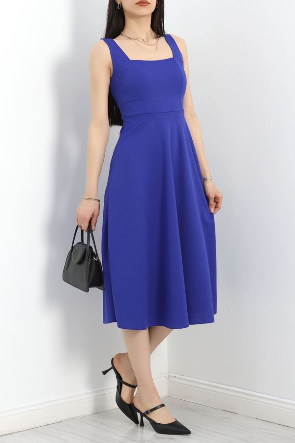 Kare Yaka Midi Elbise Saks - 583208.1592.