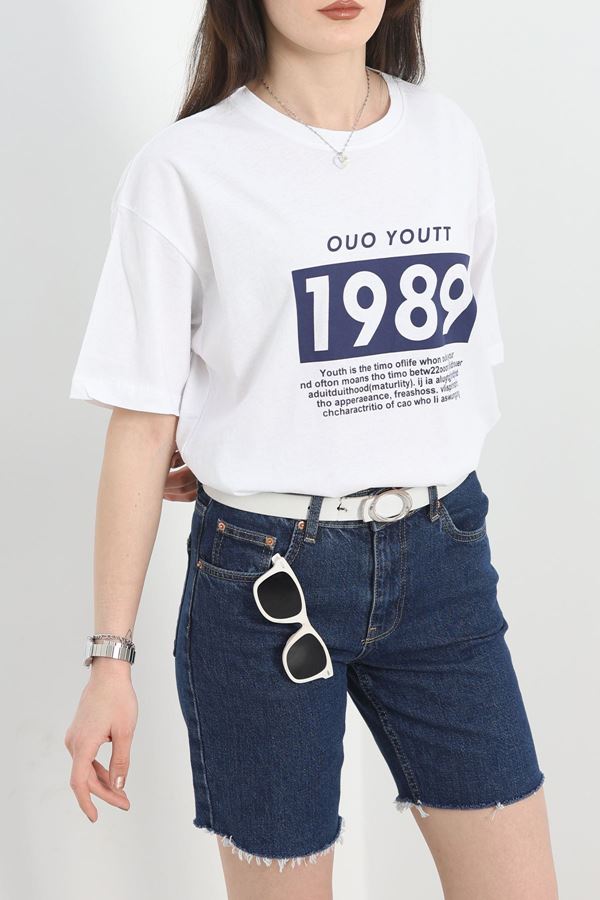 Baskılı Oversize Tişört Beyazlacivert - 40637.1872.