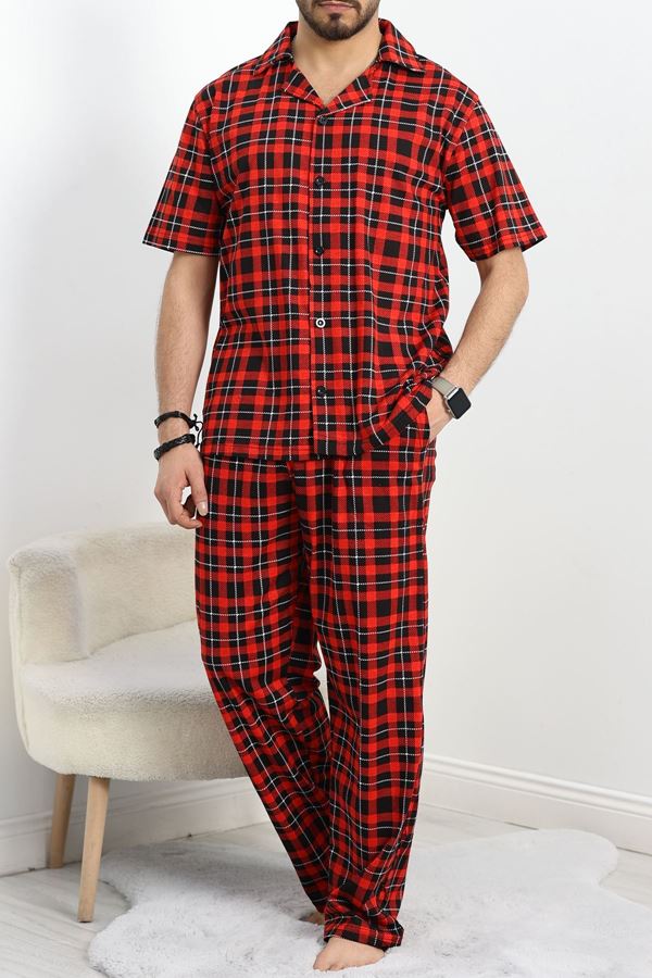 Penye Düğmeli Erkek Pijama Takımı Siyahkırmızı - 752.1287.