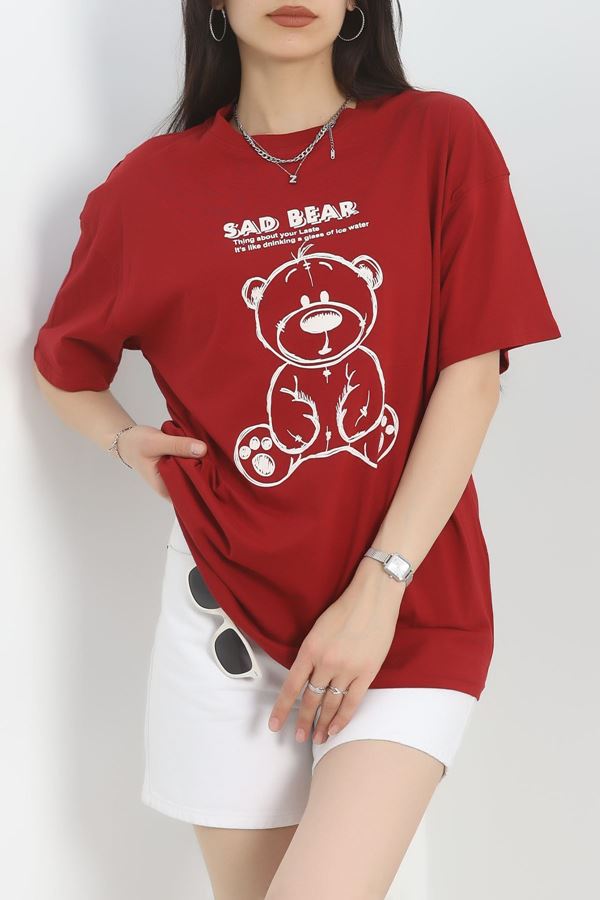 Baskılı Oversize Tişört Bordo - 40637.1872.