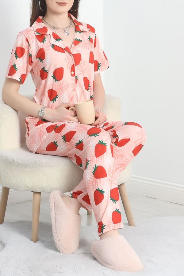 Milan Kumaş Düğmeli Pijama Takımı Kırmızıçilek - 50415.1951.