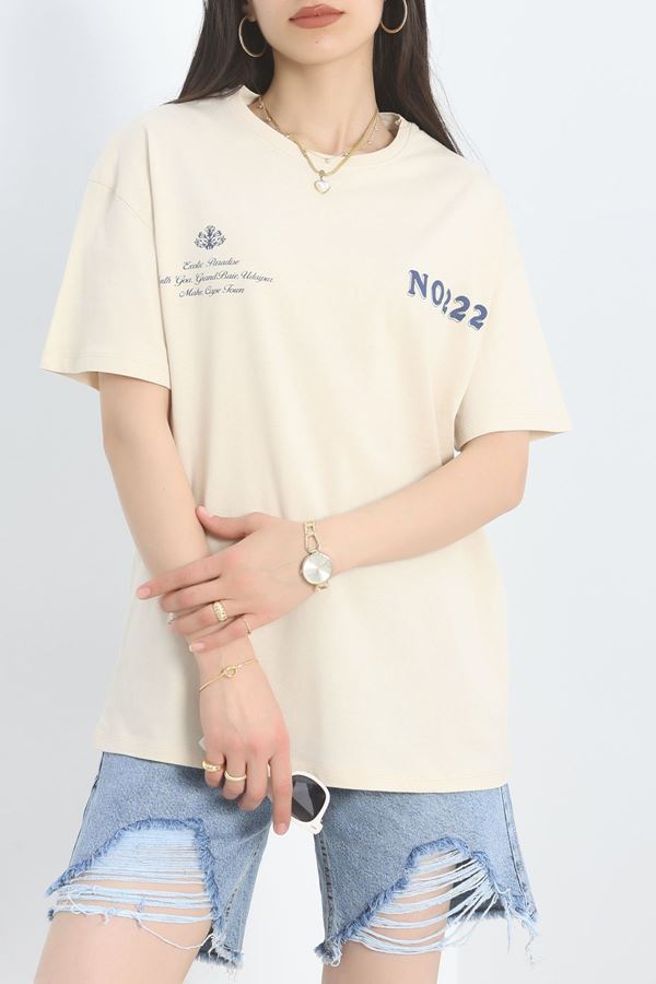 Baskılı Oversize Tişört Bejmavi - 40649.1872.