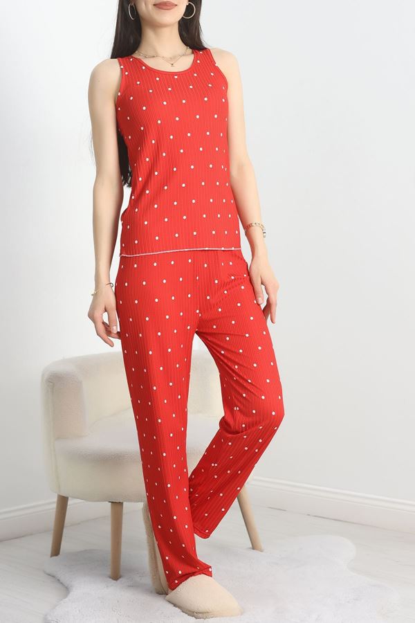 Zincir Kumaş Sıfır Kol Pijama Takımı Kırmızıpuanlı - 70568.1889.