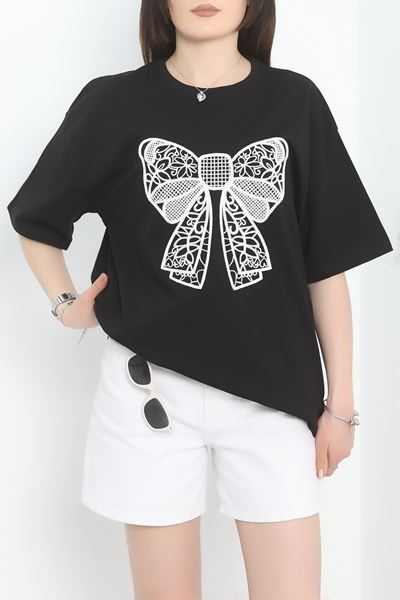 İki İplik Unisex Baskı Detaylı Tişört Siyah - 50401.0336.