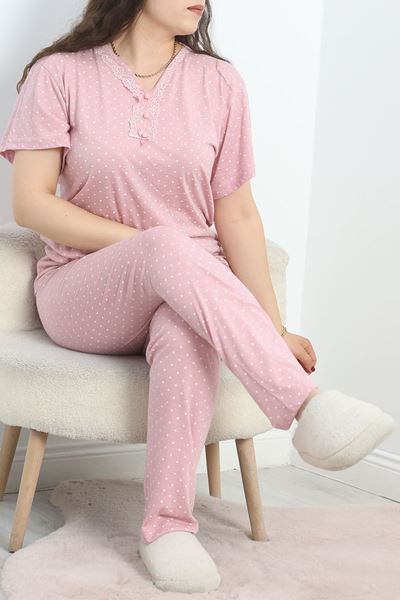 Yaka Dantelli Büyük Beden Pijama Takımı Pudra - 50386.1050.