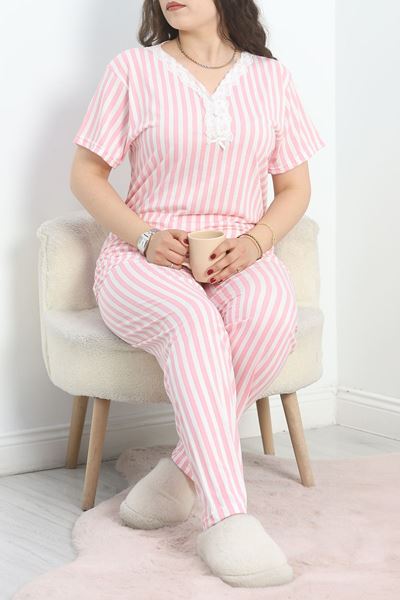 Yaka Dantelli Büyük Beden Pijama Takımı Pembeçizgili - 50386.1050.